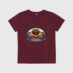 Футболка хлопковая детская Медведь и флаг России, цвет: меланж-бордовый