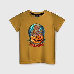 Футболка хлопковая детская Halloween - Мишка на тыкве, цвет: горчичный