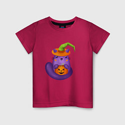 Футболка хлопковая детская Смешной кот в ведьмовской шляпе с тыквой Джек, Хэл, цвет: маджента