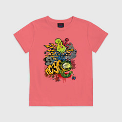 Футболка хлопковая детская Граффити монстрик и молнии, цвет: коралловый