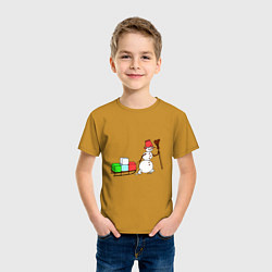 Футболка хлопковая детская Снеговик с подарками, цвет: горчичный — фото 2