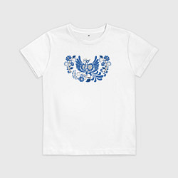 Футболка хлопковая детская Синяя птица в орнаменте гжель, цвет: белый