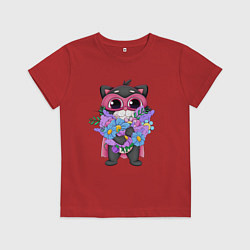 Футболка хлопковая детская Кот супергерой с цветами, цвет: красный