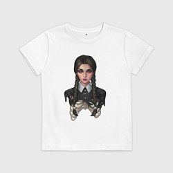 Футболка хлопковая детская Уэнсдэй наполовину скелет, цвет: белый