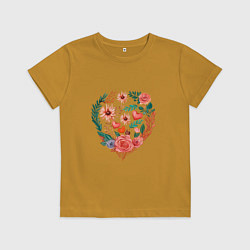 Футболка хлопковая детская Цветочное сердце с розами и астрами, цвет: горчичный