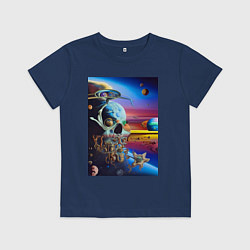 Футболка хлопковая детская Иллюзия черепа - неоновый закат - нейросеть -сюрре, цвет: тёмно-синий