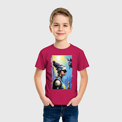 Футболка хлопковая детская Cyberpunk - neural network - fantasy with cat, цвет: маджента — фото 2