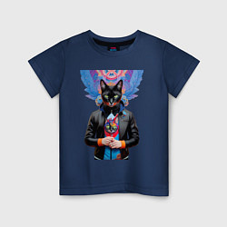 Футболка хлопковая детская Модная чёрная кошечка в кожаной куртке, цвет: тёмно-синий