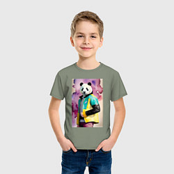 Футболка хлопковая детская Панда в модной куртке - акварель, цвет: авокадо — фото 2