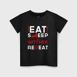 Футболка хлопковая детская Надпись eat sleep The Witcher repeat, цвет: черный