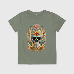 Футболка хлопковая детская Череп расписной с цветами, цвет: авокадо