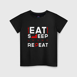 Футболка хлопковая детская Надпись eat sleep Quake repeat, цвет: черный