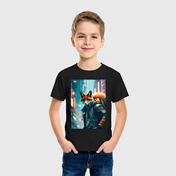 Футболка хлопковая детская Лисица в большом городе - киберпанк, цвет: черный — фото 2