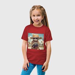 Футболка хлопковая детская Кот на пляже с фотоаппаратом, цвет: красный — фото 2