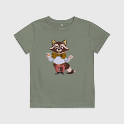 Футболка хлопковая детская Енот с чашкой кофе, цвет: авокадо