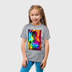 Футболка хлопковая детская Japanese girl - neon glow - neural network, цвет: меланж — фото 2