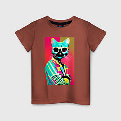 Футболка хлопковая детская Cat in sunglasses - pop art, цвет: кирпичный