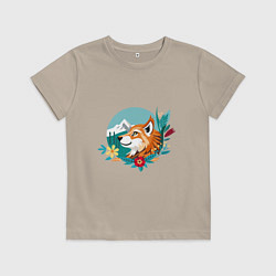 Футболка хлопковая детская Лиса и горы среди цветов, цвет: миндальный