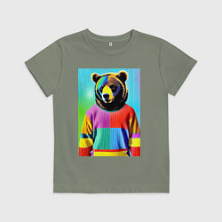 Футболка хлопковая детская Мишутка в пэчворк свитере - поп-арт ai, цвет: авокадо