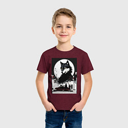 Футболка хлопковая детская Волк в ночном городе - нейросеть, цвет: меланж-бордовый — фото 2