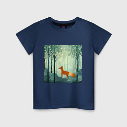 Футболка хлопковая детская Рыжая лисичка в лесу, цвет: тёмно-синий
