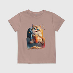 Футболка хлопковая детская Веселый котик с попкорном, цвет: пыльно-розовый