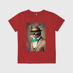 Футболка хлопковая детская Портрет кота джентльмена в шляпе, цвет: красный