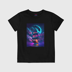 Футболка хлопковая детская Корабль в неоновом море, цвет: черный