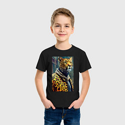 Футболка хлопковая детская Крутой леопард житель мегаполиса, цвет: черный — фото 2