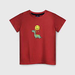 Футболка хлопковая детская Мультяшный динозавр и стекающий смайлик, цвет: красный