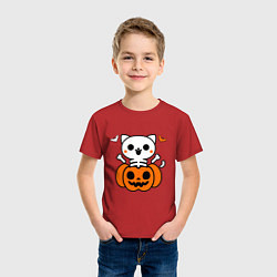 Футболка хлопковая детская Веселый кот-скелет в тыкве - Хэллоуин, цвет: красный — фото 2