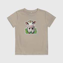 Футболка хлопковая детская Коровка в весенних цветах, цвет: миндальный