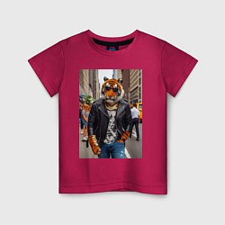 Футболка хлопковая детская Cool tiger on the streets of New York - ai art, цвет: маджента