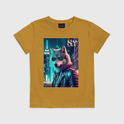 Футболка хлопковая детская Крутой волчара в ночном Нью-Йорке, цвет: горчичный