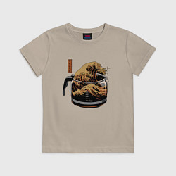 Футболка хлопковая детская Большая волна в Канагаве в чайнике с кофе, цвет: миндальный