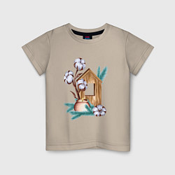 Детская футболка Деревянный домик со свечой, хлопком и еловыми ветк
