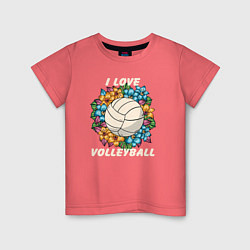 Футболка хлопковая детская I love volleyball, цвет: коралловый