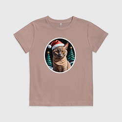 Футболка хлопковая детская Кот Бурманской породы в новогодней шапке, цвет: пыльно-розовый
