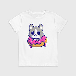 Футболка хлопковая детская Котёнок и пончик, цвет: белый