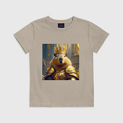 Футболка хлопковая детская Мем царь капибара в золотых латах и короне, цвет: миндальный