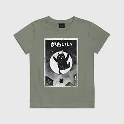 Футболка хлопковая детская Moмo - кот прыжке, цвет: авокадо