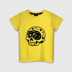 Футболка хлопковая детская Черный котенок сидит в черепе, цвет: желтый