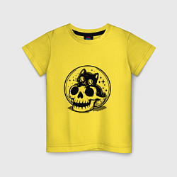 Футболка хлопковая детская Черный котик сидит в черепе, цвет: желтый
