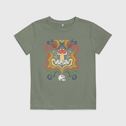 Футболка хлопковая детская Психоделика - мухомор и черепа, цвет: авокадо