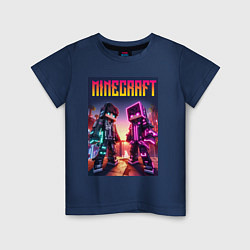 Футболка хлопковая детская Minecraft - neon fantasy ai art, цвет: тёмно-синий