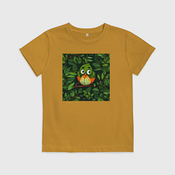Футболка хлопковая детская Птичка в на дереве, цвет: горчичный