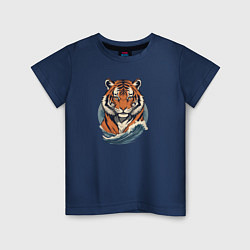 Футболка хлопковая детская Тигр и морская волна, цвет: тёмно-синий