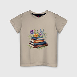 Футболка хлопковая детская Стопка книг с полевыми цветами, цвет: миндальный