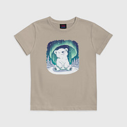 Футболка хлопковая детская Белый медвежонок под северным сиянием, цвет: миндальный