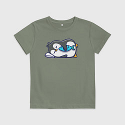 Футболка хлопковая детская Спящий пингвин с рыбкой, цвет: авокадо